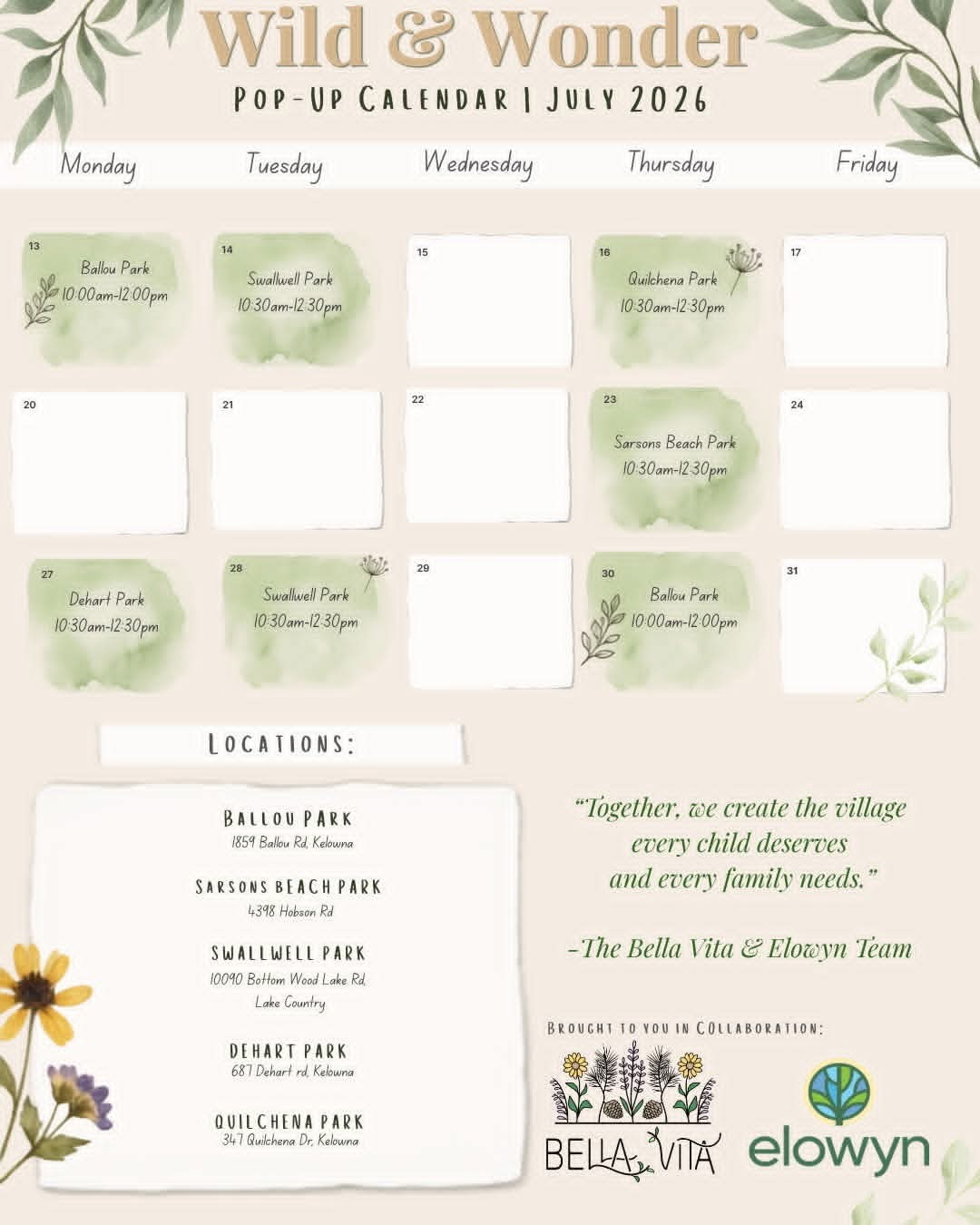Wild & Wonder July 2026 pop-up calendar for seven park gatherings in Kelowna and Lake Country